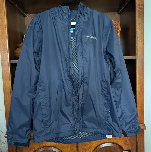 Columbia Blue Rain Jacket with Hood and Water-Resistant Material Size Small